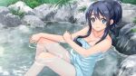  1girl artist_request artwhirl_mahou_gakuen_no_otome-tachi bangs bare_arms blue_eyes blue_hair breasts cleavage closed_mouth collarbone day game_cg hair_between_eyes hair_over_shoulder kimura_kitaka long_hair looking_at_viewer medium_breasts naked_towel onsen outdoors partially_submerged shiny shiny_hair sidelocks sitting smile solo towel ur_(artwhirl) 