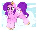  chest_tuft cloud crown cutie_mark equid equine female feral fur green_eyes hair hasbro hooves lulubell lying mammal mlp_g5 my_little_pony pegasus pink_body pink_fur pipp_petals_(mlp) purple_hair purple_tail sky smile solo tuft wings 