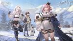  3girls arknights aurora_(arknights) bird blue_eyes day highres looking_at_viewer magallan_(arknights) mountain multiple_girls penguin pink_hair pudding_(arknights) rainbow snow standing white_hair zheshe_jing 