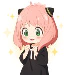  1girl ahoge anya_(spy_x_family) atu black_dress blush child clenched_hands dress green_eyes hair_cones long_sleeves open_mouth pink_hair solo spy_x_family w_arms 