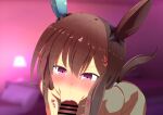  1girl absurdres admire_vega_(umamusume) animal_ears bar_censor blurry blurry_background blush censored commentary_request fellatio hair_between_eyes hair_ornament hidden_meo highres horse_ears horse_tail looking_at_viewer oral penis ponytail pov solo tail umamusume 