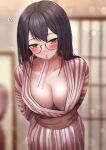  1girl ? arms_behind_back bangs bath_yukata black_hair blurry blurry_background blush bra bra_peek breasts cleavage collar commentary_request green_eyes hair_between_eyes highres japanese_clothes kimono large_breasts lingerie looking_at_viewer mole mole_under_eye original sash sigmart03 solo toothbrush_in_mouth underwear upper_body yukata 