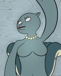  adventure_time anthro avian bed blush breasts cartoon_network featureless_breasts female first_person_view furniture gem gunter_(dream_world_form) hi_res jewelry laying_on_tail lying necklace on_back on_bed pearl_(gem) pearl_necklace pem-sama solo 