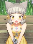  1girl alten animal_ears bangs blunt_bangs breasts cat_ears chest_jewel dress_swimsuit fangs highres nia_(fancy_sundress)_(xenoblade) nia_(xenoblade) open_mouth short_hair silver_hair small_breasts solo swimsuit xenoblade_chronicles_(series) xenoblade_chronicles_2 yellow_eyes yellow_swimsuit 