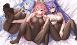  3girls :d :o absurdres ahoge animal_ears bangs bare_shoulders bell black_choker black_legwear blue_hair blue_nails blush bodystocking breasts breasts_apart choker cleavage covered_navel covered_nipples covering covering_crotch cowbell fang feet feet_up floppy_ears fox_ears ganyu_(genshin_impact) genshin_impact goat_horns hair_between_eyes hair_cones hair_ears hair_ornament hand_on_own_chin highres holding_legs hong_bai horns keqing_(genshin_impact) large_breasts long_hair looking_at_viewer lying multiple_girls nail_polish neck_bell on_back open_mouth pantyhose pink_eyes pink_hair pink_nails purple_eyes purple_hair purple_nails sidelocks signature smile soles spread_legs toes twintails wavy_mouth yae_miko 