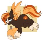  bat_pony bat_wings black_body cutie_mark ear_tuft equid fan_character fangs feral flying food fruit half-closed_eyes hasbro holding_food holding_object hooves jack&#039;o&#039;lantern_(oc) lulubell male mammal mane membrane_(anatomy) membranous_wings my_little_pony narrowed_eyes orange_mane orange_tail plant pumpkin smile solo tan_body tuft wings 