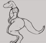  anthro big_butt bottomless butt claws clothed clothing digital_media_(artwork) dinosaur female heather_(susfishous) looking_at_viewer partially_clothed reptile scalie side_view sketch slightly_chubby slightly_chubby_female solo susfishous thick_tail thick_thighs topwear topwear_only 