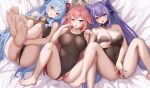 3girls :d :o absurdres ahoge animal_ears anus bangs bare_legs bare_shoulders barefoot bell black_choker blue_hair blue_nails blush bodystocking breasts breasts_apart censored choker cleavage covered_navel covered_nipples cowbell fang feet feet_up floppy_ears fox_ears ganyu_(genshin_impact) genshin_impact goat_horns hair_between_eyes hair_cones hair_ears hair_ornament hand_on_own_chin highres holding_legs hong_bai horns keqing_(genshin_impact) large_breasts long_hair looking_at_viewer lying multiple_girls nail_polish neck_bell on_back open_mouth pink_eyes pink_hair pink_nails purple_eyes purple_hair purple_nails pussy sidelocks signature smile soles spread_legs spread_pussy stomach_tattoo tattoo toes twintails wavy_mouth yae_miko 