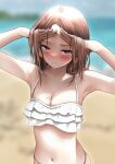  1girl adjusting_hair armpits arms_up bikini blush breasts brown_eyes brown_hair frilled_bikini frills frown halterneck highres looking_at_viewer midriff navel original sigmart03 small_breasts solo swimsuit upper_body white_bikini 