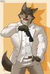  2022 anthro belt border bottomwear canid canine canis clothing dreamworks eyewear fur hand_in_pocket hi_res khoaprovip00 male mammal mr._wolf_(the_bad_guys) open_mouth pants pockets shadow simple_background solo suit sunglasses the_bad_guys white_border wolf 