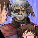  1girl 2boys bad_id bad_link blush_stickers bow brown_hair eyepatch facial_hair grey_hair hair_bow kouno_takaaki lowres multiple_boys mustache nakamura_hisashi old old_man open_mouth pink_bow short_twintails sweat sweating_profusely to_heart_2 twintails yuzuhara_konomi 