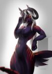  anthro bands breasts canid canine canis female hair hi_res horn jordan long_hair long_tail mammal purple red_eyes serious_face solo teragabba white_hair wolf wolf_demon 