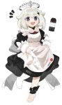 1girl absurdres alternate_costume apron apron_lift artificial_vagina asymmetrical_legwear barefoot commentary_request enmaided feet full_body genshin_impact hair_ornament halo highres looking_at_viewer maid maid_apron maid_headdress menthako paimon_(genshin_impact) ribbon sex_toy simple_background smile solo tenga toes white_background 