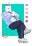  2022 anthro belly big_belly black_nose bottomwear clothing eyes_closed hi_res humanoid_hands kemono male mammal necktie overweight overweight_male pants pixiv_id_4528489 polar_bear shirt solo topwear ursid ursine white_body 