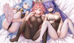  3girls :d :o absurdres ahoge animal_ears bangs bare_shoulders bell black_choker blue_hair blue_nails blush bodystocking breasts breasts_apart choker cleavage covered_navel covered_nipples covering covering_crotch cowbell fang feet feet_up floppy_ears fox_ears ganyu_(genshin_impact) genshin_impact goat_horns hair_between_eyes hair_cones hair_ears hair_ornament hand_on_own_chin highres holding_legs hong_bai horns keqing_(genshin_impact) large_breasts long_hair looking_at_viewer lying multiple_girls nail_polish neck_bell on_back open_mouth pantyhose pink_eyes pink_hair pink_nails purple_eyes purple_hair purple_nails sidelocks signature smile soles spread_legs toes twintails wavy_mouth white_legwear yae_miko 