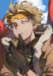  1boy black_gloves black_shirt blonde_hair blue_sky boku_no_hero_academia bomber_jacket brown_jacket costume day ear_piercing earrings eyewear_on_head facial_hair facial_mark feathered_wings fur-trimmed_jacket fur_trim glove_in_mouth glove_pull gloves goatee hawks_(boku_no_hero_academia) headphones headphones_around_neck high_collar jacket jewelry kadeart looking_at_viewer male_focus mouth_hold outdoors piercing portrait red_feathers red_wings removing_glove rimless_eyewear shirt short_hair skin_tight sky solo striped striped_shirt stubble stud_earrings teeth tight tight_shirt tinted_eyewear twitter_username wings yellow_eyes 