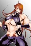  abs biceps body_markings breast_tattoo breasts broad_shoulders chain facepaint fuuma_kotarou_(tenkaichi) halter_top halterneck highres hytua2b31 large_breasts muscular muscular_female navel red_eyes red_hair rope_belt tattoo tenkaichi_nihon_saikyou_bugeisha_ketteisen underboob 