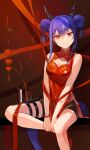  1girl absurdres arknights blue_hair bracelet ch&#039;en_(ageless_afterglow)_(arknights) ch&#039;en_(arknights) china_dress chinese_clothes cleavage_cutout clothing_cutout double_bun dress happyongdal high_heels highres horns jewelry red_eyes shorts_under_dress sitting 