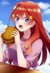  1girl absurdres ahoge bangs blue_eyes blue_sky burger cloud day eating eyebrows_visible_through_hair food go-toubun_no_hanayome highres holding holding_food long_hair looking_at_viewer megami_magazine nakano_itsuki official_art open_mouth outdoors purple_shirt red_hair scan shirt short_sleeves sitting skirt sky solo teeth upper_body white_skirt 