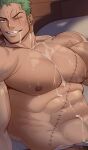  1boy abs alternate_muscle_size alternate_pectoral_size bara blush bulge cropped earrings gomtang green_hair grin jewelry large_pectorals long_sideburns male_focus muscular muscular_male navel navel_hair nipples one_piece pectorals roronoa_zoro scar scar_across_eye seductive_smile sexually_suggestive short_hair sideburns single_earring smile solo stomach suggestive_fluid topless_male upper_body veins veiny_arms 
