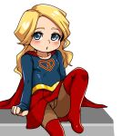  1girl age_regression blonde_hair blue_eyes blush breasts cameltoe cape dc_comics fingerless_gloves gloves hiru_made_ne-tarou long_hair looking_at_viewer miniskirt pantyhose red_cape skirt solo supergirl superhero superman_(series) thighhighs younger 