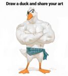  1boy bara bird_boy chest_hair clothes_around_waist crossed_arms draw_a_duck_and_share_your_art_(meme) duck_boy eyepatch frown full_body furry furry_male highres looking_to_the_side male_focus meme muscular muscular_male original pectorals short_hair shoulder_tattoo solo taran_fiddler tattoo thick_eyebrows topless_male 