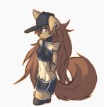  anthro apogee_(tinygaypirate) arm_tuft bare_shoulders black_nose bottomwear breasts brown_body brown_eyes brown_fur brown_hair canid canine canis cheek_tuft choker clothing curled_tail domestic_dog ear_piercing elbow_tuft facial_piercing facial_tuft female floppy_ears fur gauged_ear grey_background hair hands_behind_back hat headgear headwear hi_res hip_tuft jewelry leg_tuft legwear long_hair mammal markings midriff navel necklace piercing portrait shorts simple_background solo spitz thigh_highs three-quarter_portrait tinygaypirate topwear tuft 