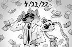 anthro biped bottomwear canid canine canis clothing cute_fangs dreamworks duo eyewear humanoid_hands kevries male mammal money mr._snake_(the_bad_guys) mr._wolf_(the_bad_guys) necktie official_art pants reptile scalie shirt snake sunglasses the_bad_guys topwear wolf 