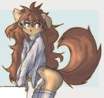  anthro apogee_(tinygaypirate) arm_support black_nose blue_background border bottomless brown_body brown_eyes brown_fur brown_hair butt canid canine canis cheek_tuft clothed clothing cowlick curled_tail domestic_dog ear_piercing eyebrow_through_hair eyebrows eyelashes facial_markings facial_piercing facial_tuft female floppy_ears fur furgonomics furry-specific_piercing gauged_ear grey_border hair head_markings hi_res leaning leaning_forward leg_tuft legwear long_hair looking_aside mammal markings messy_hair muzzle_piercing nose_piercing piercing portrait simple_background solo spitz thigh_highs three-quarter_portrait tinygaypirate translucent translucent_hair tuft turtleneck 