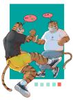  2022 anthro belly big_belly biped bottomwear butt chinese_text clothing duo felid humanoid_hands kemono male mammal orange_body overweight overweight_male pantherine pants pixiv_id_4528489 shirt shorts text tiger topwear 