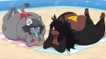  2022 accessory anthro beach big_butt bikini black_hair blue_eyes blush brown_body butt canid canine canis clothed clothing cory_(hevymin) crossdressing digital_drawing_(artwork) digital_media_(artwork) dobermann domestic_cat domestic_dog duo felid feline felis flower flower_in_hair food fur girly grey_body grey_fur hair hair_accessory hi_res huge_butt hyper hyper_butt looking_at_viewer lucas_(sssonic2) male male/male mammal obese overweight pinscher plant popsicle sand seaside skimpy smile sssonic2 striped_body striped_fur stripes swimwear teapot_(body_type) thick_thighs towel water wide_hips 