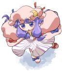  1girl :o bangs blue_bow blue_ribbon blunt_bangs blush bow chibi commentary_request crescent crescent_hat_ornament dress eyebrows_visible_through_hair footwear_bow hair_bow hat hat_ornament hat_ribbon long_hair mob_cap patchouli_knowledge pink_footwear pink_robe purple_eyes purple_hair red_bow red_ribbon ribbon robe rokugou_daisuke signature simple_background solo striped striped_dress touhou watermark wide_sleeves 