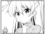  1girl 1other alternate_costume amatsukaze_(kancolle) ataru_(ataru-littlebird) commentary_request greyscale heart index_finger_raised kantai_collection long_hair monochrome rensouhou-kun ribbed_sweater sweater turtleneck two_side_up upper_body 