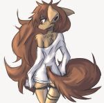  anthro apogee_(tinygaypirate) arm_tuft black_nose brown_body brown_eyes brown_fur brown_hair butt canid canine canis cheek_tuft clothed clothing cowlick domestic_dog ear_piercing eyebrow_through_hair eyebrows facial_piercing facial_tuft female floppy_ears fur furgonomics gauged_ear grey_background hair hi_res long_hair mammal messy_hair off_shoulder oversized_shirt panties panties_down partially_clothed piercing shirt simple_background solo spitz standing tattoo thigh_gap tinygaypirate topwear translucent translucent_hair tuft underwear underwear_down undressing 