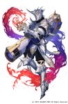  1boy armor armored_boots boots cannon copyright energy full_body gauntlets glowing glowing_eyes grimms_notes helmet knight_of_the_silver_moon kyouka_hatori male_focus official_art red_eyes simple_background solo weapon white_background 