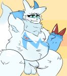  2022 anthro balls blue_body blue_fur blush claws cute_fangs digital_media_(artwork) flaccid fur genitals hi_res jimmie_(tiredanon) looking_at_viewer male mammal markings nintendo nipples nude overweight overweight_male penis pok&eacute;mon pok&eacute;mon_(species) refunoise shiny_pok&eacute;mon simple_background slightly_chubby smile solo thick_thighs video_games white_body white_fur zangoose 