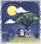  2021 absurd_res anthro araru black_body black_nose chibi detailed_background dot_eyes duo giant_panda hi_res mammal moon night outside plant sitting tree ursid white_body 