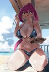  1girl :q bikini black_bikini breasts chopsticks cloud cloudy_sky deck eating english_commentary food food_in_mouth hair_between_eyes halterneck highres huge_breasts long_hair midriff navel ocean original outdoors ponytail red_hair ryusei_hashida seiza signature sitting sky solo swimsuit thick_thighs thighs tongue tongue_out very_long_hair yellow_eyes 