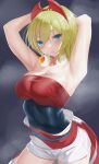  1girl absurdres armpits arms_behind_head bare_shoulders blonde_hair blue_eyes breasts cleavage commentary_request hair_between_eyes highres irida_(pokemon) large_breasts lips looking_at_viewer parted_lips pokemon pokemon_(game) pokemon_legends:_arceus ratsuku_kinoko short_hair shorts solo sweat white_shorts 