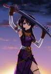  1girl 74 bangs black_hair brown_gloves dress eyebrows_visible_through_hair fire_emblem fire_emblem:_genealogy_of_the_holy_war gloves hair_between_eyes highres holding holding_sword holding_weapon larcei_(fire_emblem) looking_at_viewer purple_dress purple_eyes revision side_slit sidelocks smile solo sword weapon 