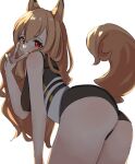  1girl absurdres animal_ears arknights ass bangs binware black_shorts blush breasts brown_hair ceobe_(arknights) closed_mouth dog_ears dog_girl dog_tail eyebrows_visible_through_hair from_behind highres leaning_forward long_hair looking_at_viewer looking_back medium_breasts red_eyes short_shorts shorts simple_background sleeveless solo tail tail_through_clothes v very_long_hair white_background 