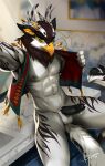  2022 5_fingers abs anthro avian balls beak bird day detailed_background digital_media_(artwork) dragonfu fingers genitals inside looking_at_viewer male penis sitting smile solo 