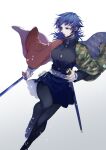  1girl arm_at_side asymmetrical_clothes bangs belt black_legwear black_skirt blue_eyes blue_hair blurry breasts closed_mouth demon_slayer_uniform depth_of_field dutch_angle feet_out_of_frame genderswap genderswap_(mtf) holding holding_sheath holding_sword holding_weapon katana kimetsu_no_yaiba large_breasts long_hair long_sleeves looking_away looking_to_the_side miniskirt momochi_(orrizonte) pantyhose pleated_skirt sheath skirt skirt_set solo sword tabi tomioka_giyuu twitter_username unsheathed water water_drop weapon white_background wide_sleeves zouri 