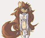  anthro apogee_(tinygaypirate) black_nose breasts brown_body brown_eyes brown_fur brown_hair canid canine canis cheek_tuft cleavage clothed clothing cowlick curled_tail domestic_dog ear_piercing eyebrow_through_hair eyebrows facial_markings facial_tuft female floppy_ears fur gauged_ear grey_background hair head_markings hi_res inner_ear_fluff leg_tuft legwear long_hair looking_aside mammal markings meme meme_clothing messy_hair muzzle_(object) navel piercing simple_background slim smile solo spitz standing sweater thigh_highs tinygaypirate topwear translucent translucent_hair tuft 