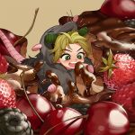  1girl :d animal_costume animal_hands bangs blackberry_(fruit) blush cake cherry chibi chocolate chocolate_cake chocolate_syrup double_bun eating food food_on_clothes fruit ginmu green_eyes green_hair holding holding_food icing jojo_no_kimyou_na_bouken kujo_jolyne looking_at_object mouse_costume mouse_tail multicolored_hair open_mouth raspberry sitting_on_food smile solo sparkle stone_ocean strawberry symbol_in_eye tail two-tone_hair v-shaped_eyebrows 