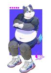  anthro belly big_belly bottomwear canid canine canis clothed clothing clothing_lift domestic_dog eyewear glasses grey_body hi_res kemono male mammal navel overweight overweight_male pixiv_id_4528489 shirt shirt_lift shorts sitting solo topwear white_body 
