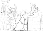  5_toes anthro arthropod building changeling city clothing fan_character fangs feet foot_fetish friendship_is_magic hair half-closed_eyes hasbro hi_res horn humanoid_feet jerberjer macro male monochrome my_little_pony narrowed_eyes sitting sketch smile solo toes 