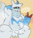  2022 anthro balls blue_body blue_fur blush bodily_fluids claws cute_fangs digital_media_(artwork) flaccid fur genitals hi_res jimmie_(tiredanon) looking_at_viewer male mammal markings musk nintendo nipples nude overweight overweight_male penis pok&eacute;mon pok&eacute;mon_(species) refunoise shiny_pok&eacute;mon simple_background slightly_chubby smile solo sweat sweatdrop thick_thighs video_games white_body white_fur zangoose 
