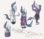  1_horn 3_toes absol absurd_res anthro arm_tuft bare_shoulders black_nose blue_eyes breasts censored choker clothing elbow_tuft feet female fingerless_(marking) fur grey_background grey_body grey_horn grey_skin hair hair_over_eye hand_behind_head hand_on_arm hands_above_head hi_res hip_tuft horn jewelry leg_tuft legwear looking_aside looking_at_viewer looking_up lying navel neck_tuft necklace nintendo nude on_back one_eye_obstructed open_mouth pok&eacute;mon pok&eacute;mon_(species) raised_arms short_hair simple_background sitting sketch smile solo standing sweater thigh_highs tinygaypirate toeless_(marking) toes topwear towel tuft video_games white_body white_fur white_hair 