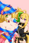  2girls ahoge alternate_breast_size bare_shoulders black_dress black_gloves blonde_hair blush_stickers breasts choker cleavage dark_magician_girl dress duel_monster eyebrows_visible_through_hair eyes_visible_through_hair gauntlets gloves green_eyes green_hair hat highres large_breasts looking_at_viewer multicolored_hair multiple_girls nousagi913 purple_eyes sevens_road_witch side_ponytail two-tone_hair wizard_hat yu-gi-oh! yu-gi-oh!_sevens 
